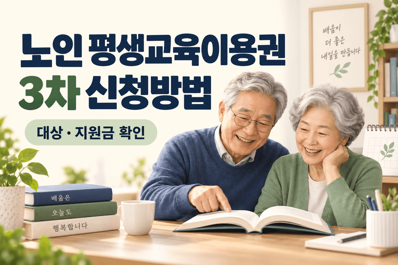 책을 함께 읽는 고령 학습자를 표현한 노인 평생교육이용권 3차 신청방법·대상·지원금 안내 이미지
