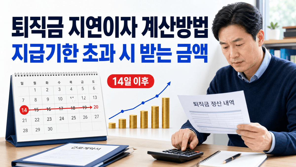 퇴직자가 달력의 14일 지급기한과 퇴직금 지연이자를 계산하는 모습
