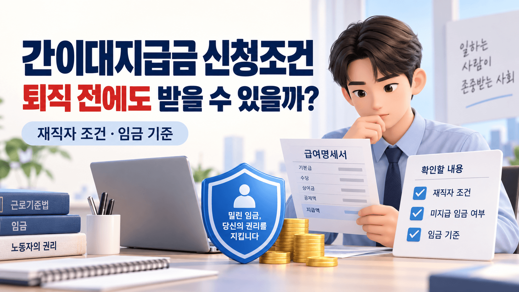 간이대지급금 신청조건과 퇴직 전 재직자 신청 가능 여부를 안내하는 직장인·급여명세서·보호 방패 일러스트