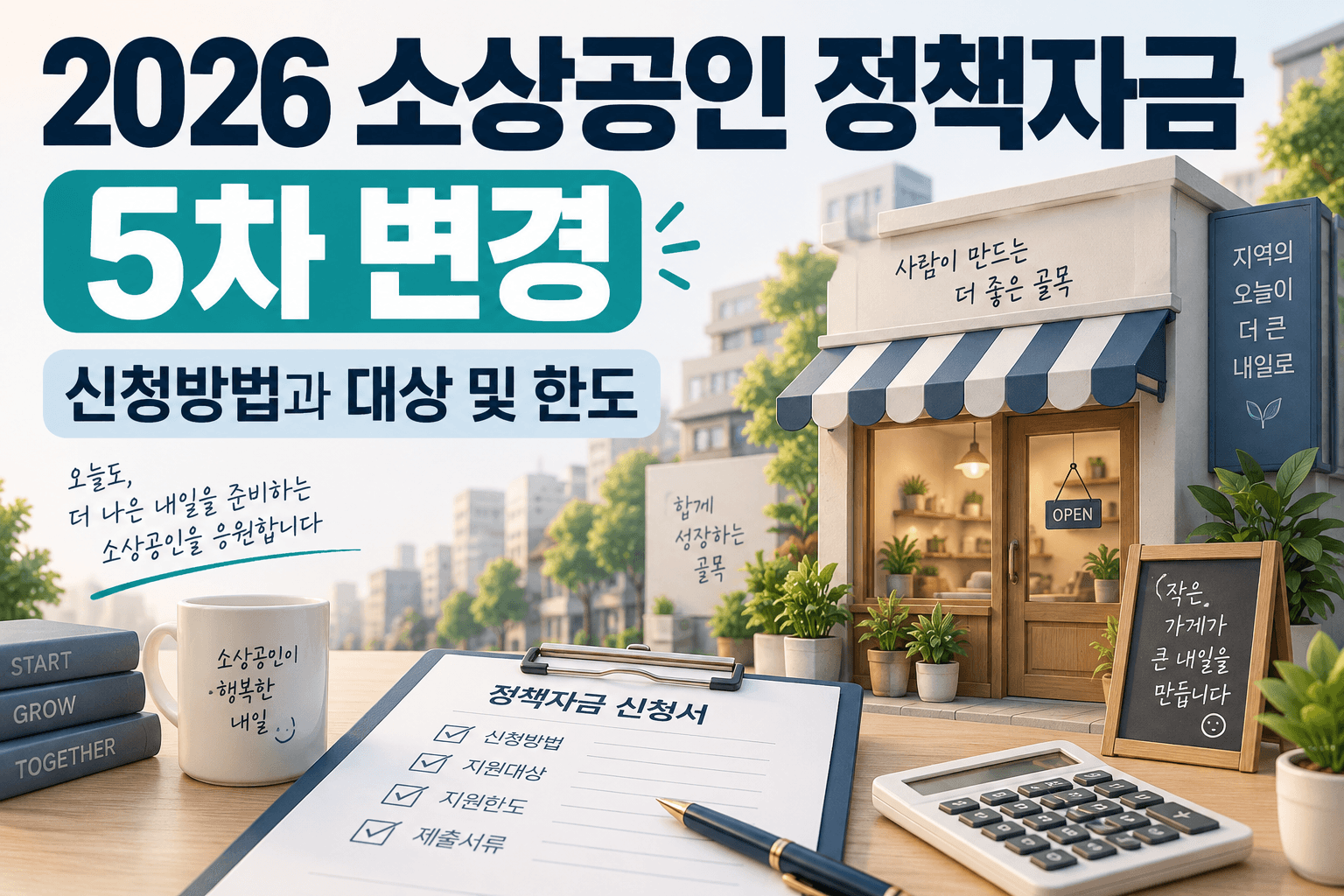 2026 소상공인 정책자금 5차 변경 신청방법과 대상 및 한도를 안내하는 상점과 신청서 일러스트