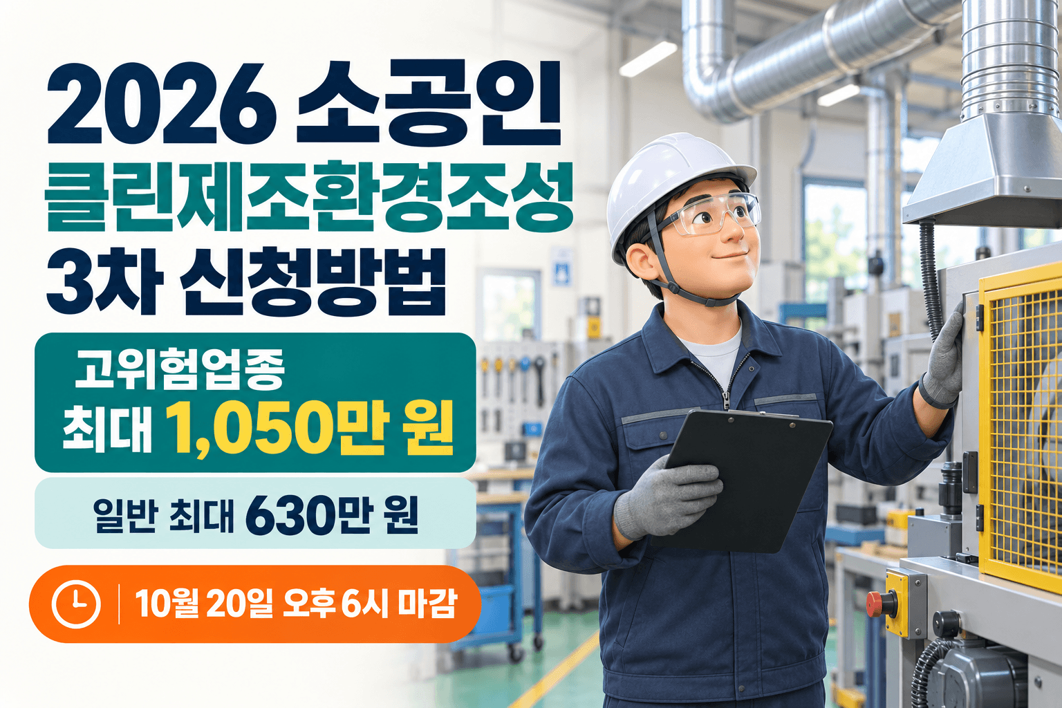 2026 소공인 클린제조환경조성 3차 일반 최대 630만 원과 고위험업종 최대 1050만 원 지원 및 10월 20일 마감을 안내하는 안전한 제조 작업장 일러스트