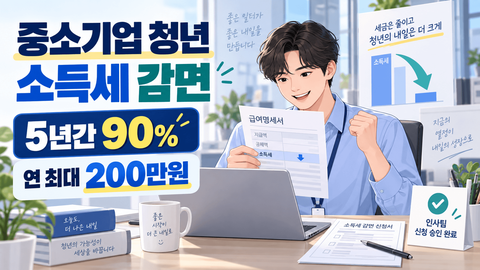 중소기업 청년 소득세 감면 5년간 90퍼센트와 연 최대 200만 원 신청 안내