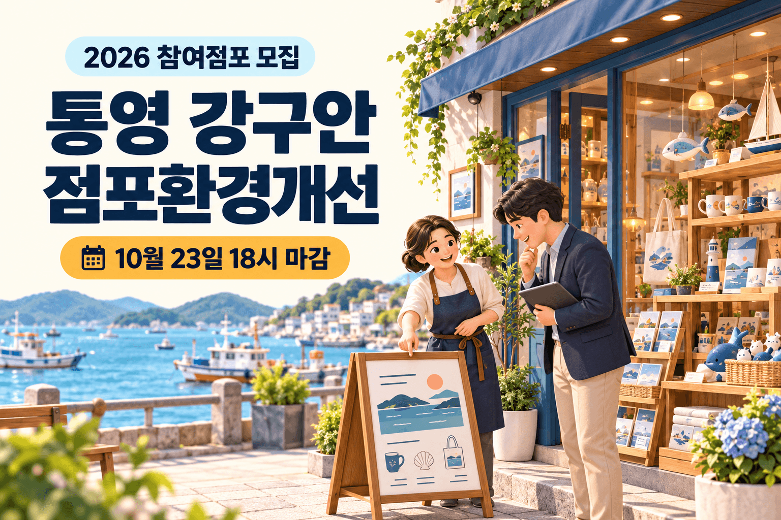 통영 강구안 점포환경개선 10월 23일 18시 마감 안내와 항구 인근 점포의 상품 진열 및 안내판을 상담하는 AI 생성 일러스트