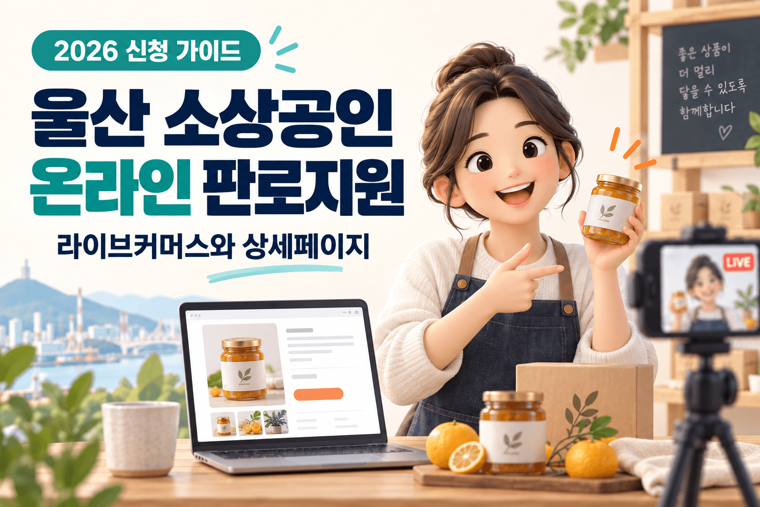 울산 소상공인 온라인 판로지원을 안내하는 라이브커머스 촬영과 상품 상세페이지 일러스트