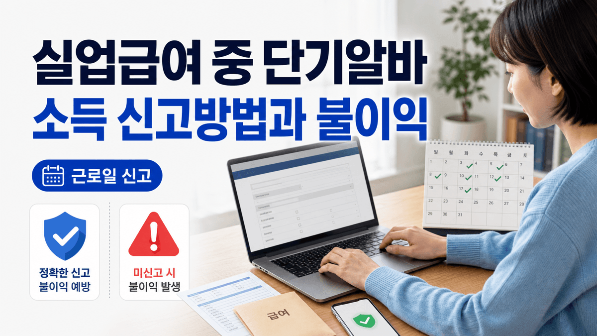 실업급여 수급자가 단기 아르바이트 근로일과 소득을 온라인으로 신고하는 모습