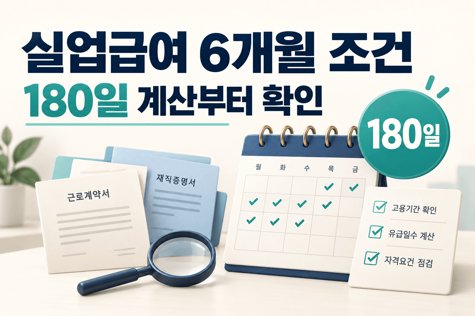 실업급여 6개월 조건과 180일 계산 확인을 달력·근로계약서·체크리스트로 표현한 썸네일