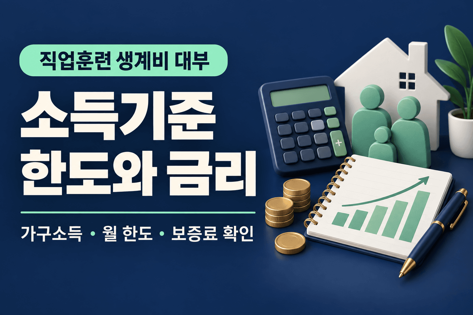 직업훈련 생계비 대부의 소득기준·한도·금리를 설명하는 가구원 모형과 계산기·노트 썸네일