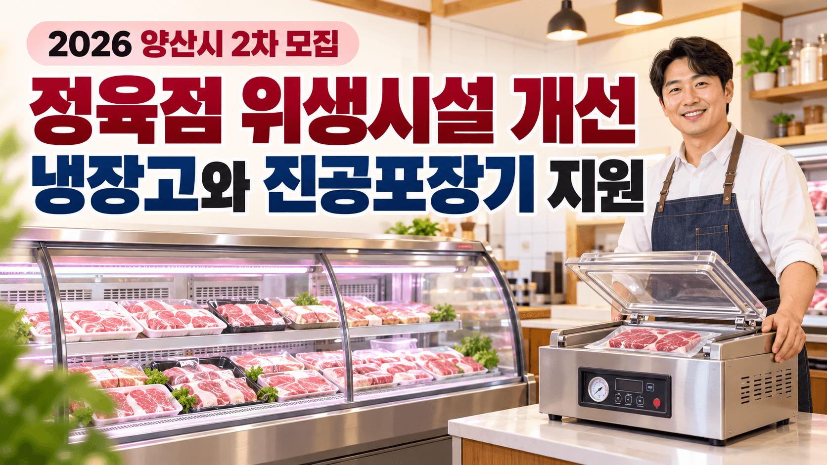 양산시 정육점 위생시설개선 2차 모집을 안내하는 냉장 진열장과 진공포장기 장면의 AI 생성 이미지