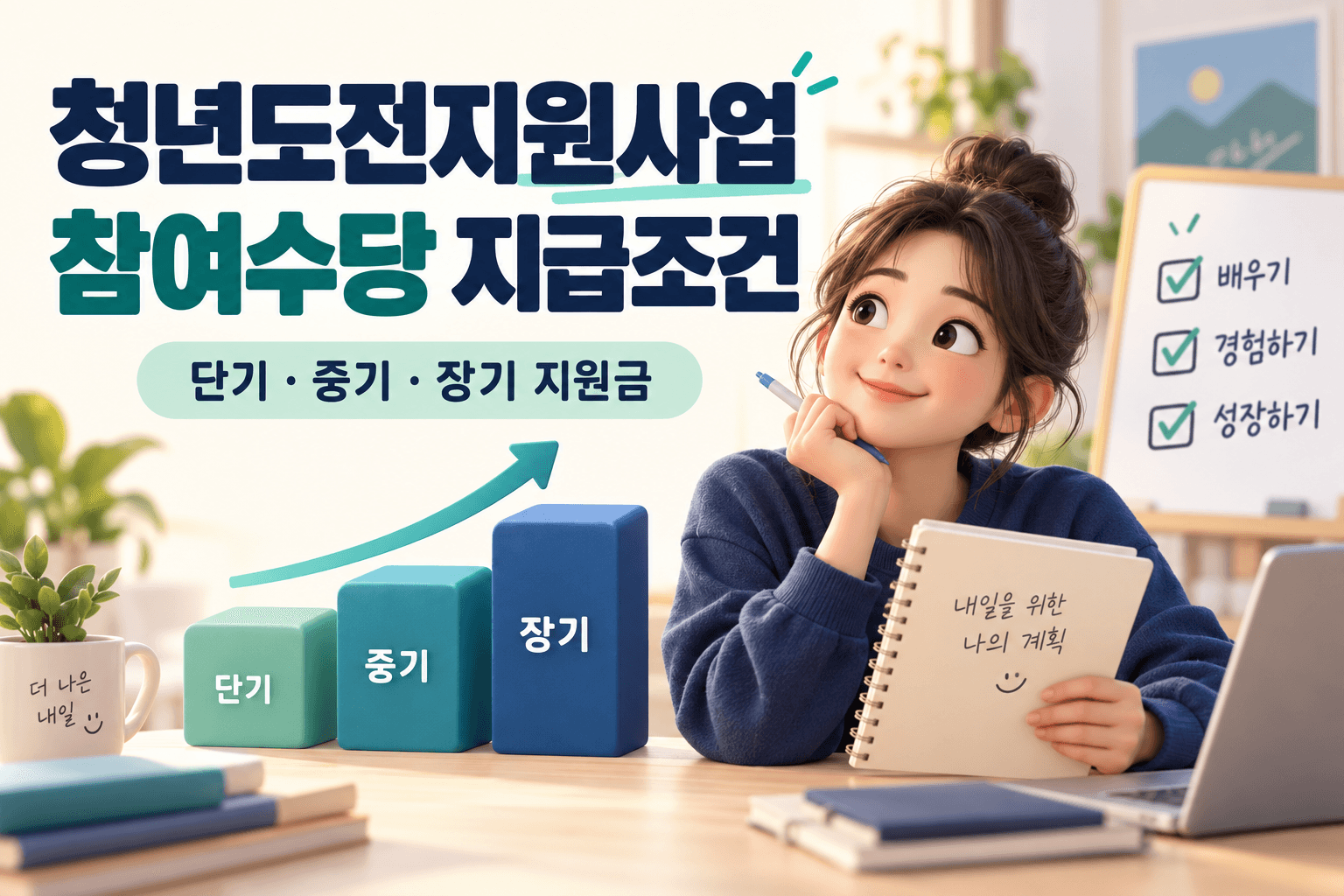 진로계획을 세우는 청년과 단기·중기·장기 블록을 표현한 청년도전지원사업 참여수당 지급조건 안내