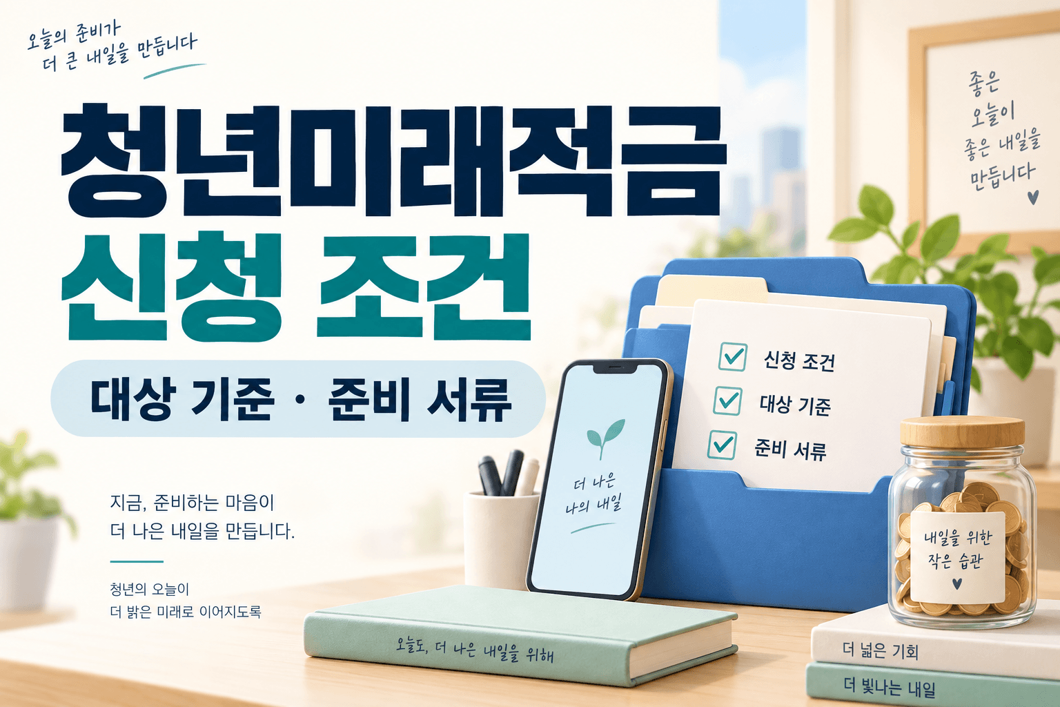 청년미래적금 신청 조건과 대상 기준·준비 서류를 서류철·체크리스트·스마트폰으로 표현한 썸네일